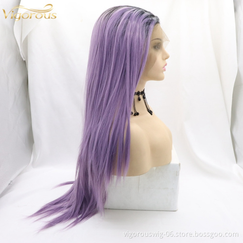 Vigorous 28 Inch Middle Part Long Straight ombre purple Hair Synthetic Hair Wigs For Black Women Heat Resistant Fiber Lace Wigs